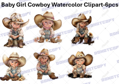 Baby Girl Cowboy Watercolor Clipart-6pcs