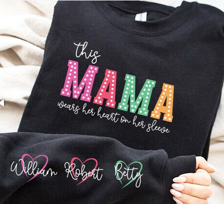This Mama Wears Her Heart on Her Sleeve Png, Mama Bundle, you can add Kids Names, Mothers Day Gift, Svg Gift for Her, Digital File