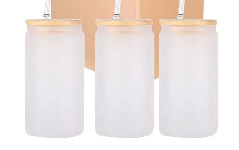 Frosted or Clear 16oz Sublimation Glass with Bamboo lid & Straw.