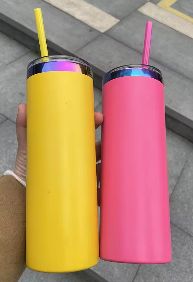 Powder Coated 20oz Holographic Rainbow Plated Car Tumbler with Colored Straw. Laser or Engraving. LIMTED STOCK!!!!