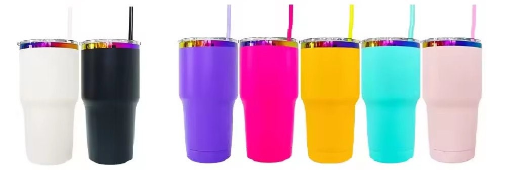 Powder Coated 30oz rainbow plated Tumblers.