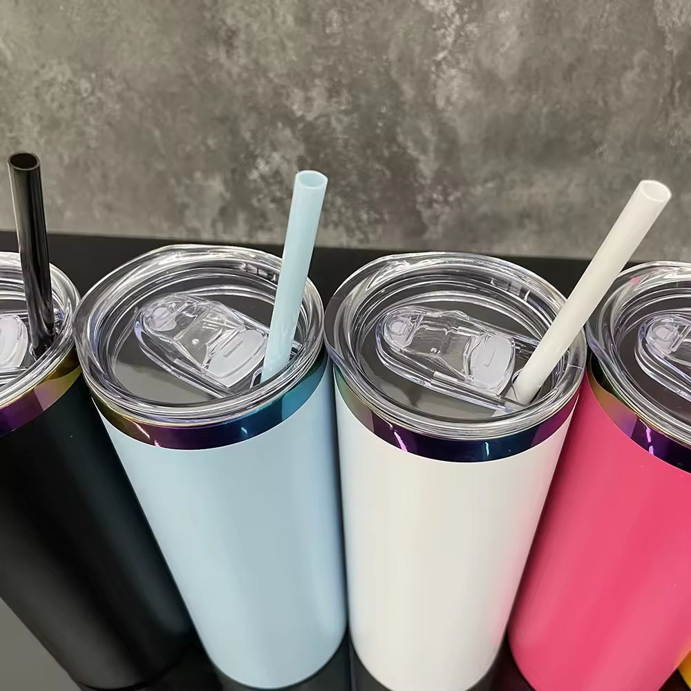 Powder Coated 20oz Holographic Rainbow Plated Car Tumbler with Colored Straw. Laser or Engraving. LIMTED STOCK!!!!