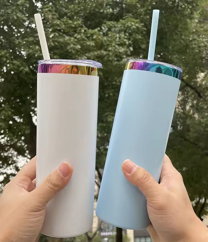 Powder Coated 20oz Holographic Rainbow Plated Car Tumbler with Colored Straw. Laser or Engraving. LIMTED STOCK!!!!