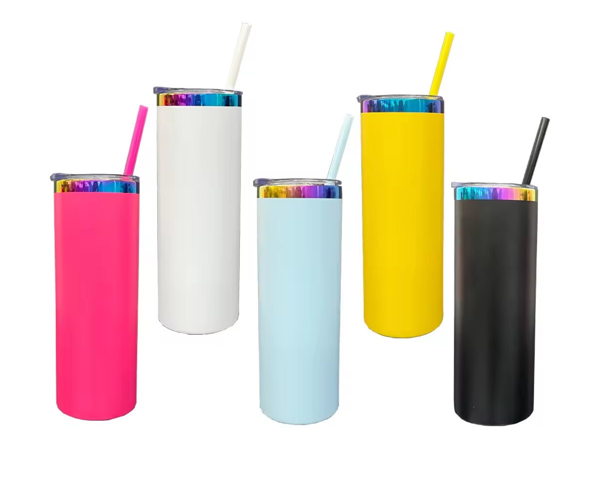Powder Coated 20oz Holographic Rainbow Plated Car Tumbler with Colored Straw. Laser or Engraving. LIMTED STOCK!!!!