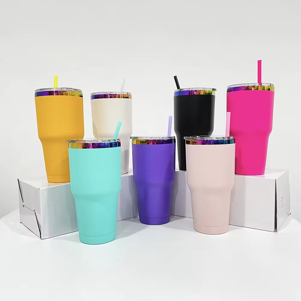 Powder Coated 30oz rainbow plated Tumblers.